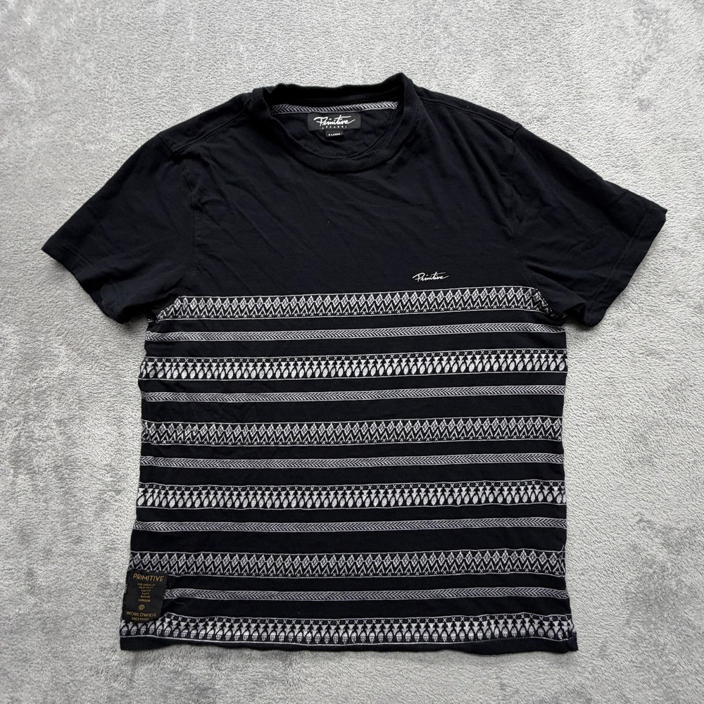 Primitive Shirt Mens XL Black Striped Logo Crewneck Cotton Short Sleeve Tee‎